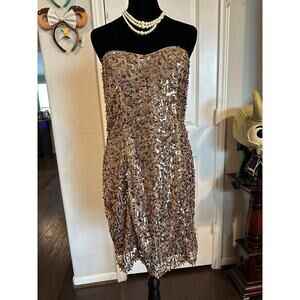 Wet Seal Gold Sequin Glam Metallic Y2K Strapless Bodycon Party Mini Dress